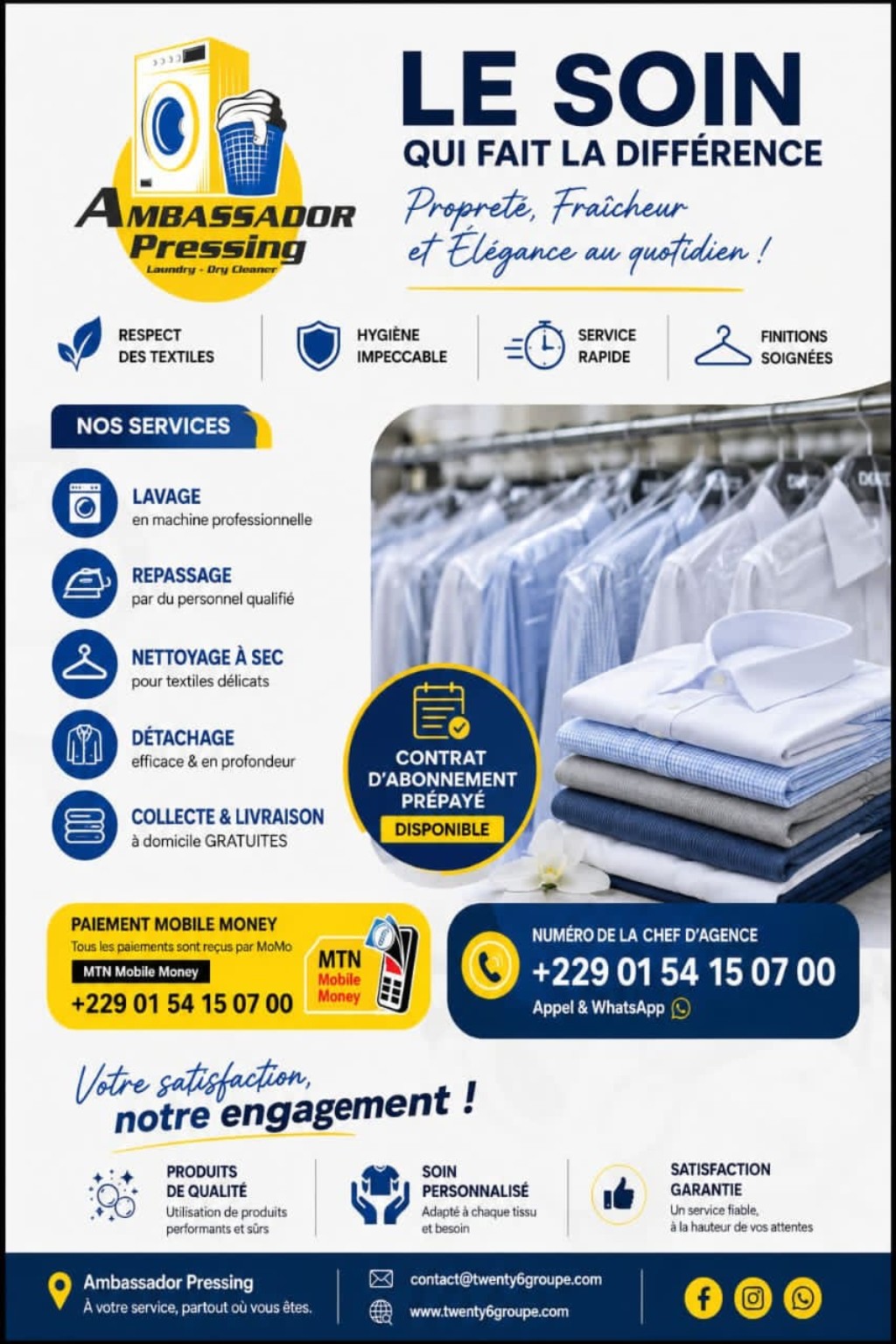 Ambassador Pressing — lavage professionnel et engagement pour l’hygiène des uniformes de Zémidjan